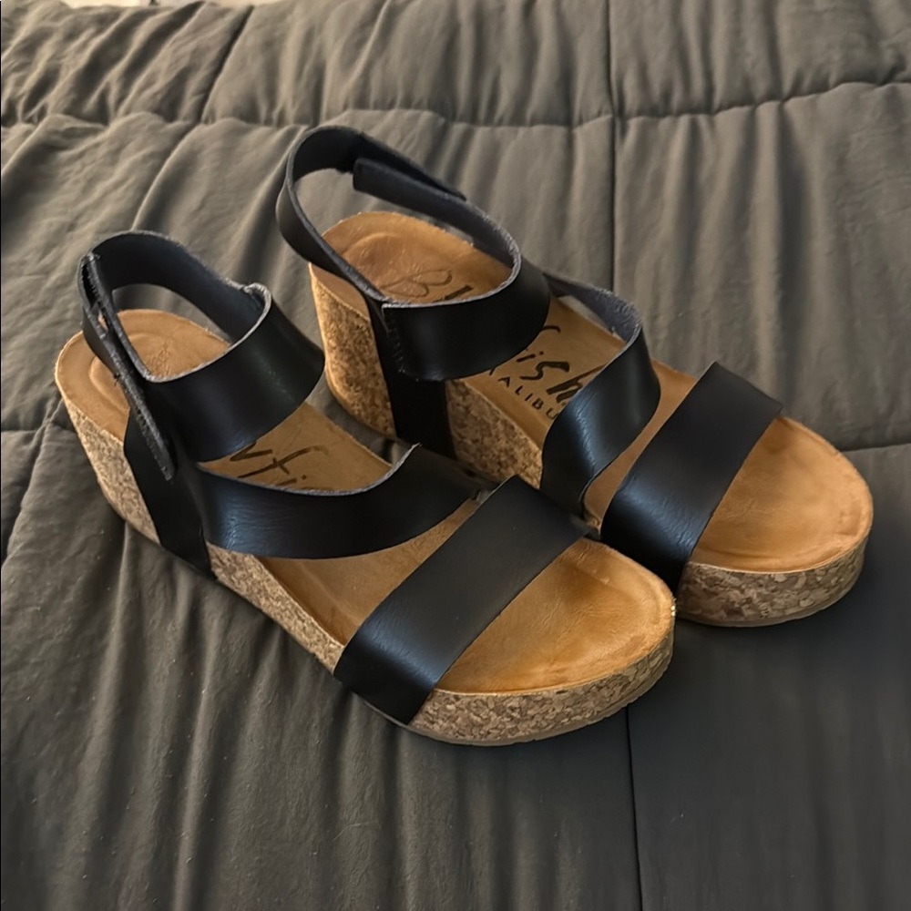 Blowfish Malibu- Black Leather Wedge Sandals- size 8.5